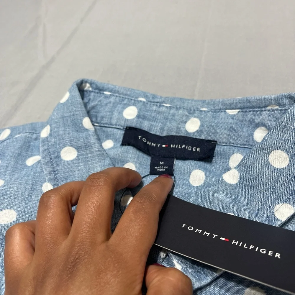 Tommy HilfigerWomens Blue Polka Dot Chambray ShirtRoll-Tab Sleeves‎ shirt